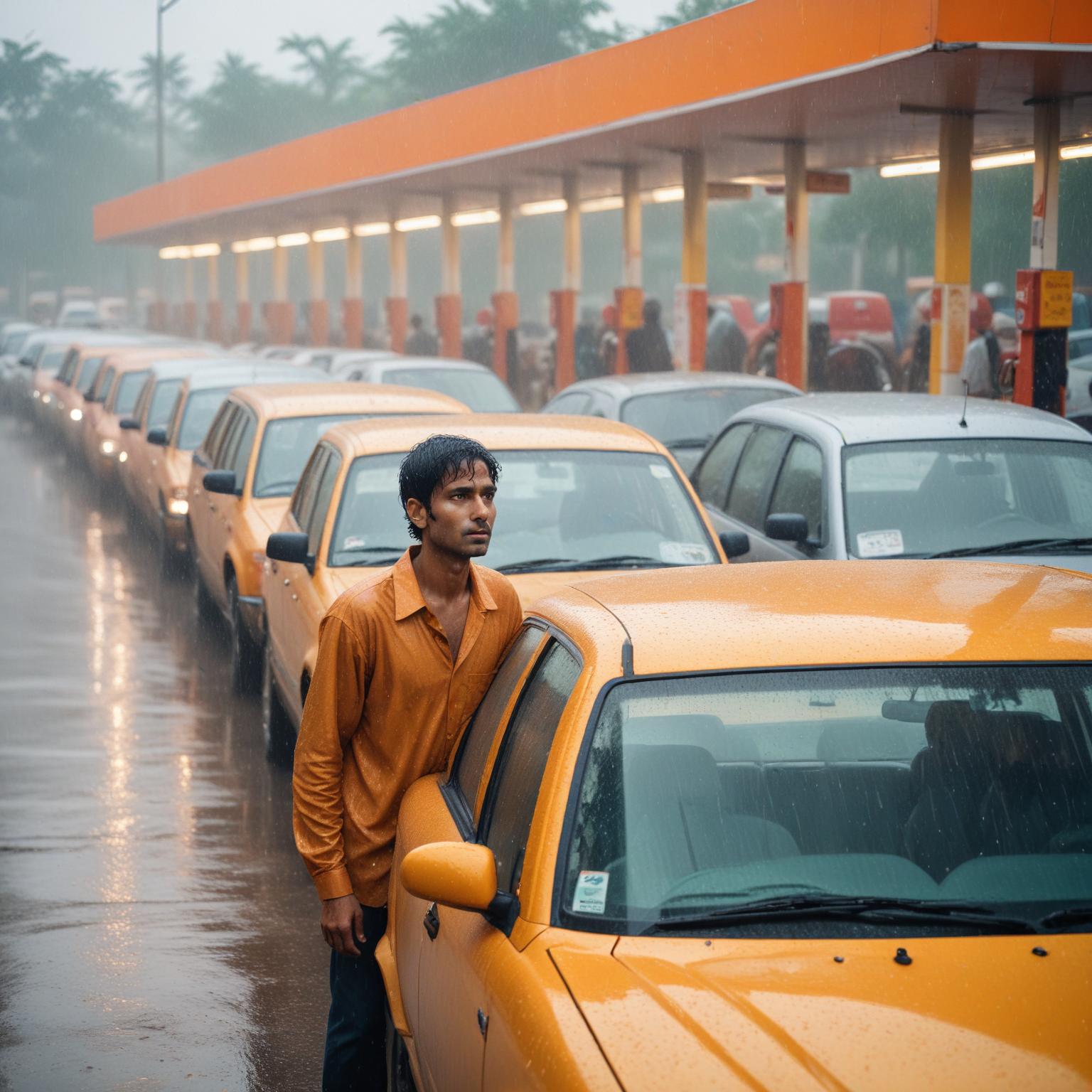 A photo of a long queue of vehicles at a gas station in India, illustrating the potential impact of rising oil prices on consumers and the economy.